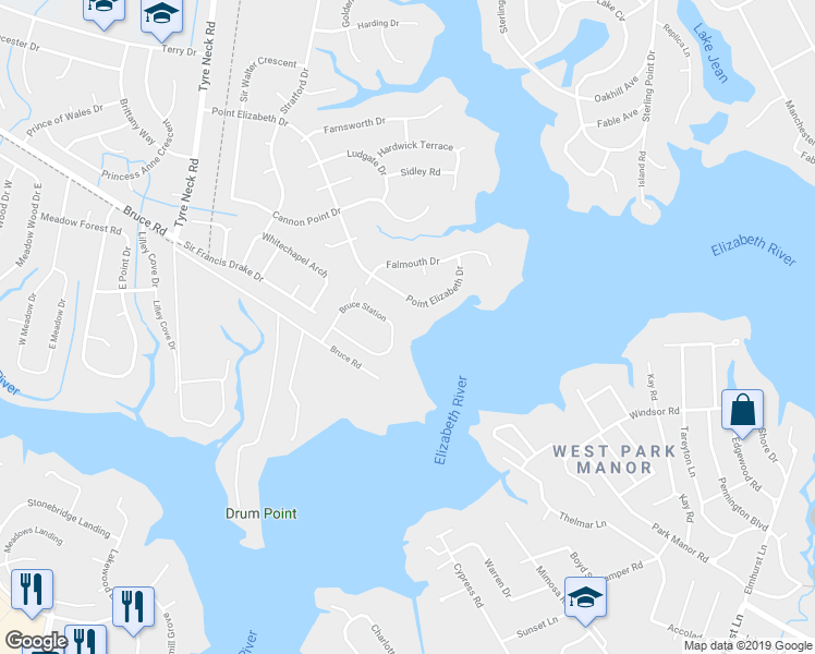 map of restaurants, bars, coffee shops, grocery stores, and more near 2948 Bruce Station in Chesapeake