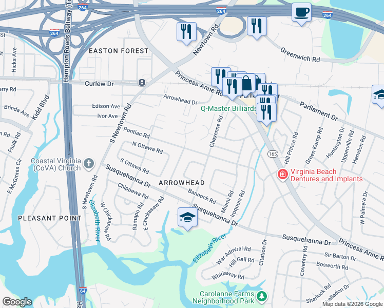 map of restaurants, bars, coffee shops, grocery stores, and more near 5724 Pontiac Road in Virginia Beach