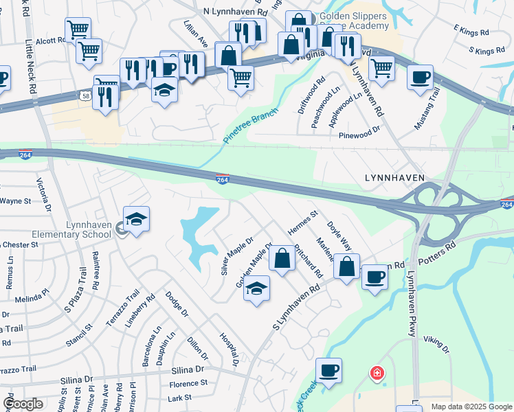 map of restaurants, bars, coffee shops, grocery stores, and more near 181 Pritchard Road in Virginia Beach