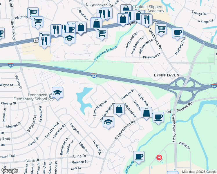 map of restaurants, bars, coffee shops, grocery stores, and more near 181 Pritchard Road in Virginia Beach