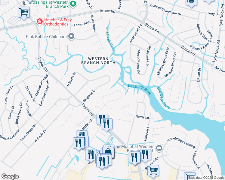 map of restaurants, bars, coffee shops, grocery stores, and more near 2645 North Elizabeth Harbor Drive in Chesapeake