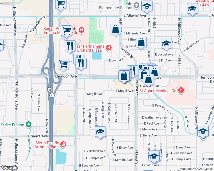 map of restaurants, bars, coffee shops, grocery stores, and more near 610 East Magill Avenue in Fresno