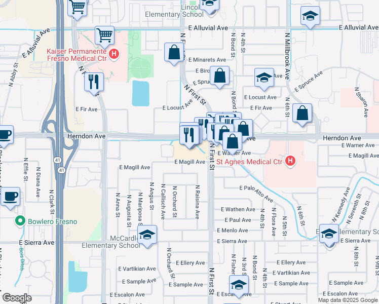 map of restaurants, bars, coffee shops, grocery stores, and more near 6735 North First Street in Fresno