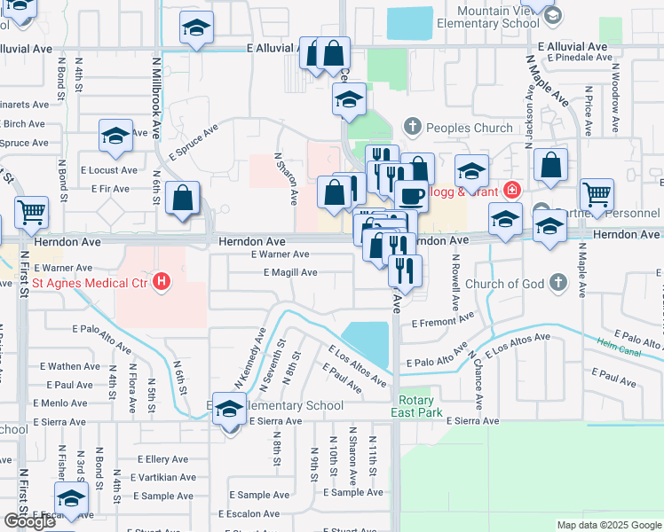 map of restaurants, bars, coffee shops, grocery stores, and more near 1662 East Magill Avenue in Fresno