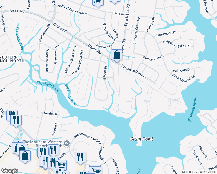 map of restaurants, bars, coffee shops, grocery stores, and more near 2912 East Point Drive in Chesapeake