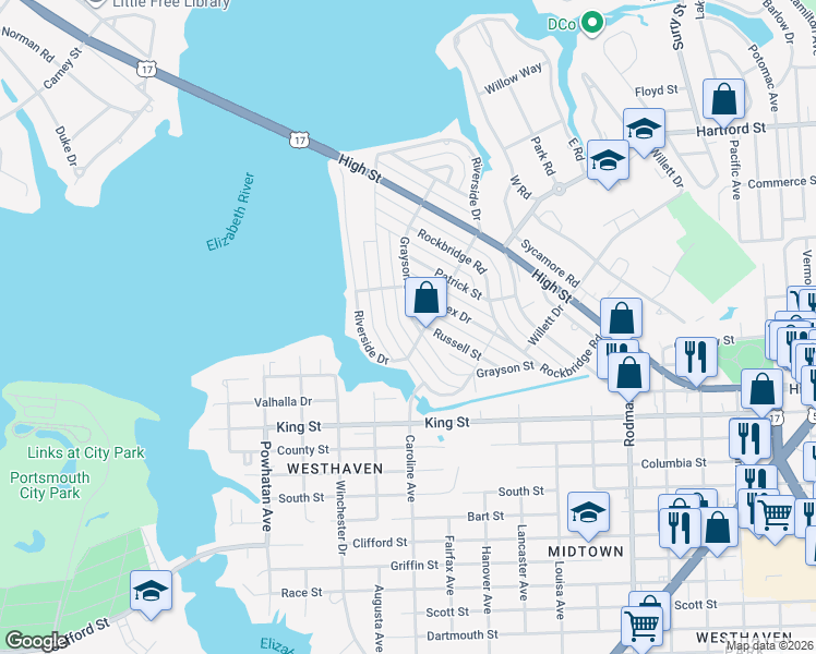 map of restaurants, bars, coffee shops, grocery stores, and more near 513 Sussex Drive in Portsmouth
