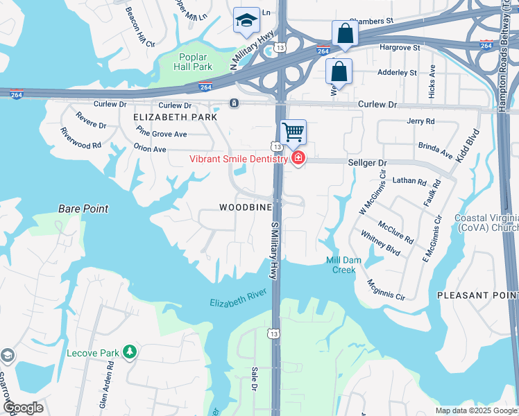 map of restaurants, bars, coffee shops, grocery stores, and more near 293 Corporate Boulevard in Norfolk