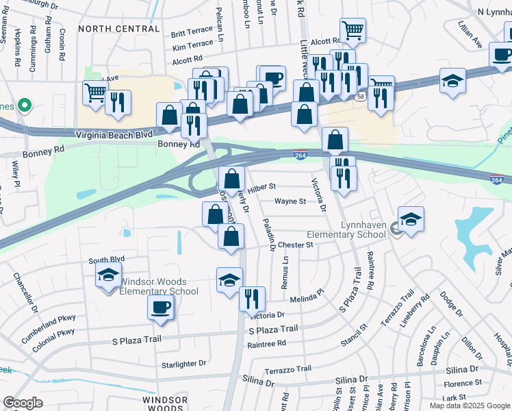 map of restaurants, bars, coffee shops, grocery stores, and more near 165 Paladin Drive in Virginia Beach