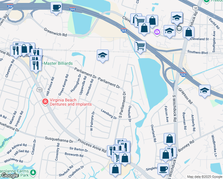 map of restaurants, bars, coffee shops, grocery stores, and more near 5312 Parliament Drive in Virginia Beach