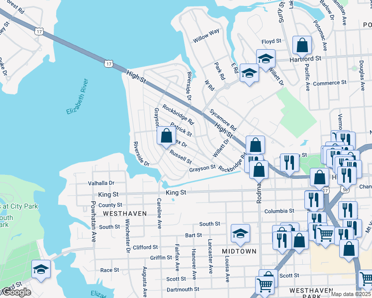 map of restaurants, bars, coffee shops, grocery stores, and more near 411 Sussex Drive in Portsmouth