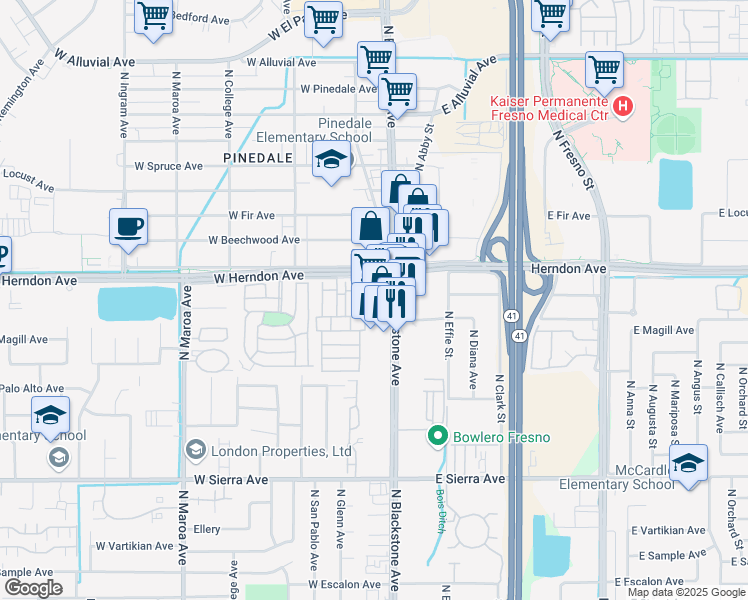 map of restaurants, bars, coffee shops, grocery stores, and more near 61 Villa Drive in Fresno