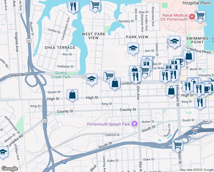 map of restaurants, bars, coffee shops, grocery stores, and more near 1503 London Boulevard in Portsmouth