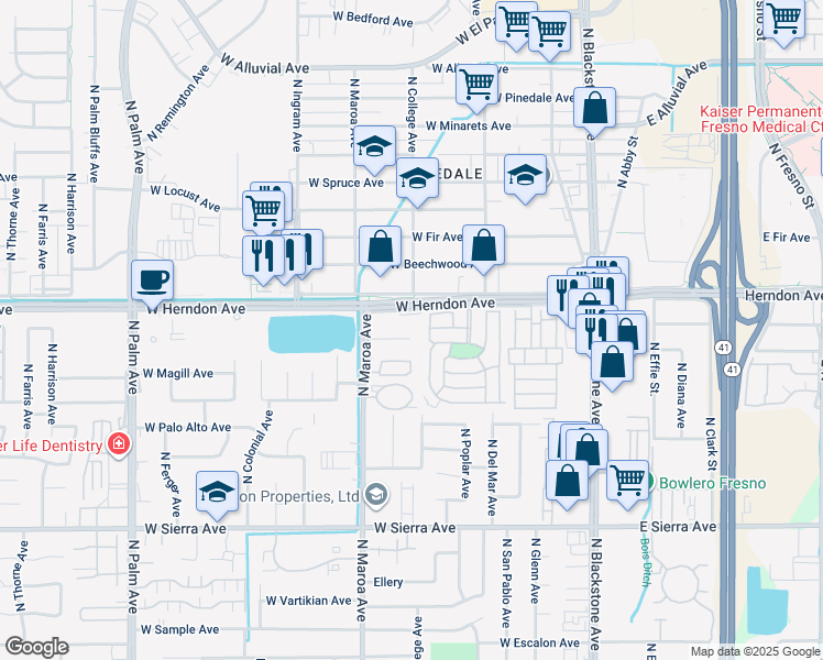 map of restaurants, bars, coffee shops, grocery stores, and more near 321 West Herndon Avenue in Fresno