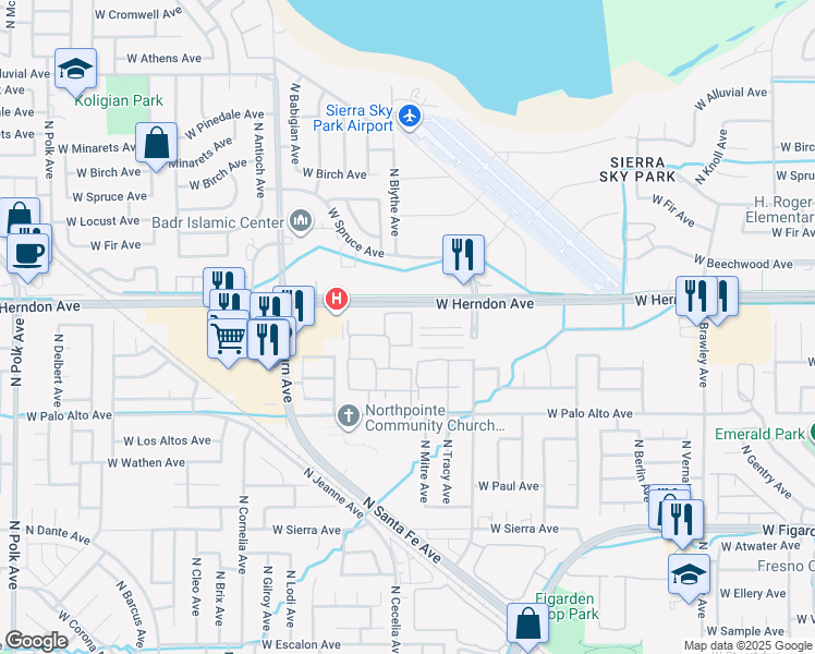 map of restaurants, bars, coffee shops, grocery stores, and more near 4441 West Herndon Avenue in Fresno