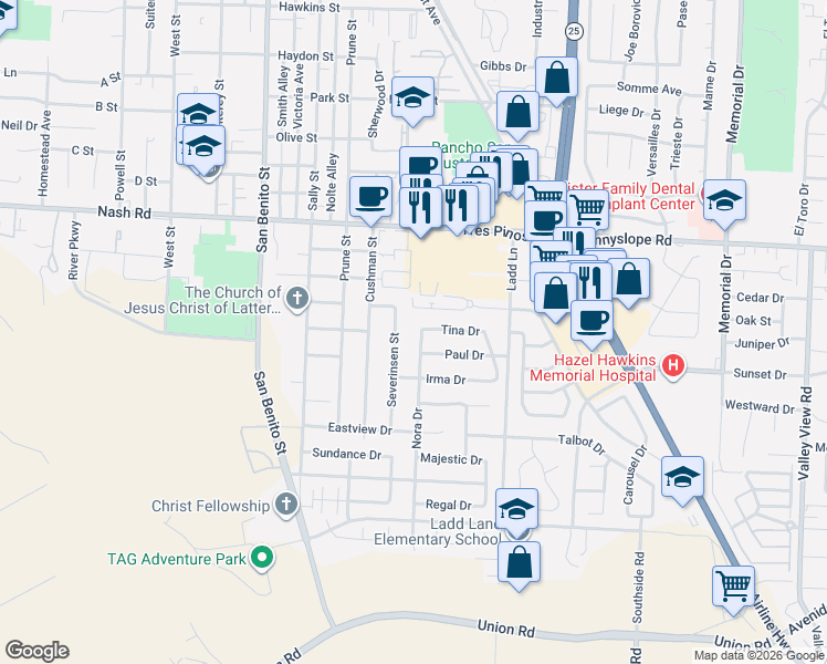 map of restaurants, bars, coffee shops, grocery stores, and more near 230 Slate Avenue in Hollister