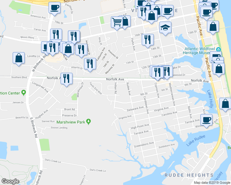 map of restaurants, bars, coffee shops, grocery stores, and more near 1200 Indian Road in Virginia Beach