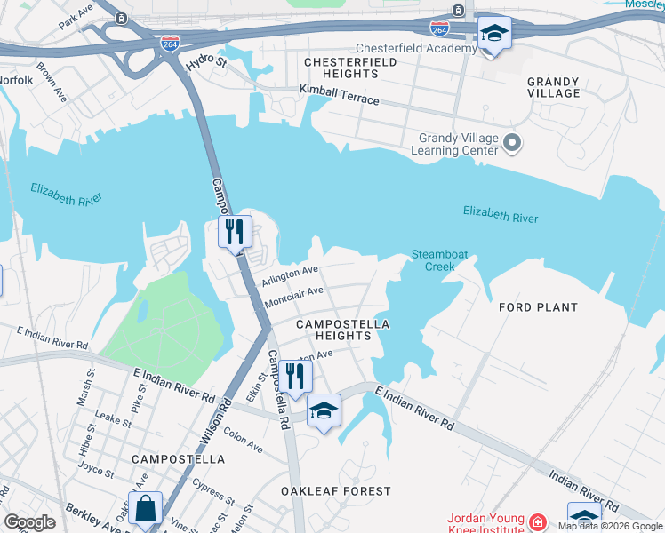 map of restaurants, bars, coffee shops, grocery stores, and more near 450 Waltham Street in Norfolk