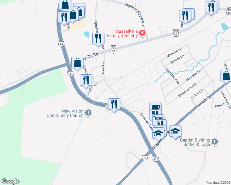 map of restaurants, bars, coffee shops, grocery stores, and more near Logan Estates Lane G in Russellville