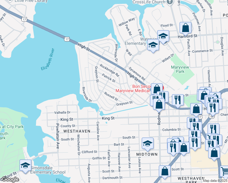 map of restaurants, bars, coffee shops, grocery stores, and more near 411 Sussex Drive in Portsmouth