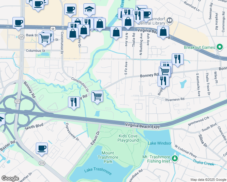 map of restaurants, bars, coffee shops, grocery stores, and more near 4373 Bonney Road in Virginia Beach