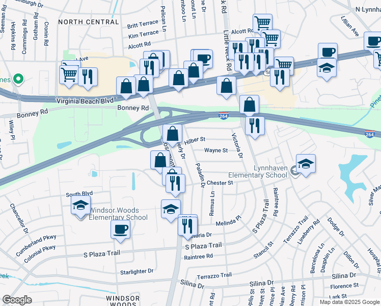 map of restaurants, bars, coffee shops, grocery stores, and more near 165 Paladin Drive in Virginia Beach
