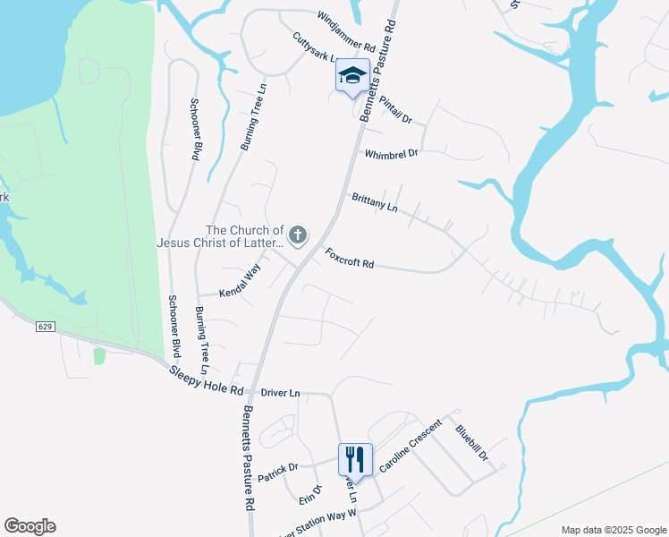 map of restaurants, bars, coffee shops, grocery stores, and more near 102 Foxcroft Road in Suffolk
