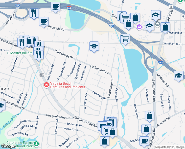 map of restaurants, bars, coffee shops, grocery stores, and more near 5359 Commons Court in Virginia Beach