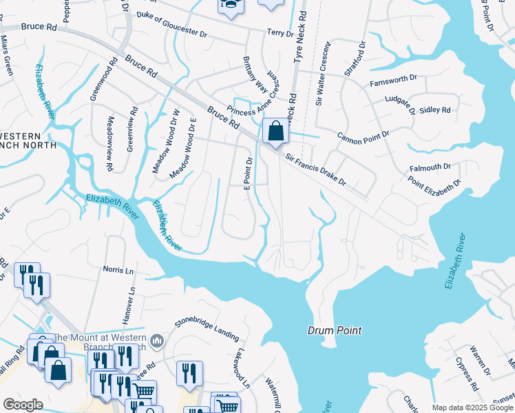 map of restaurants, bars, coffee shops, grocery stores, and more near 2912 East Point Drive in Chesapeake