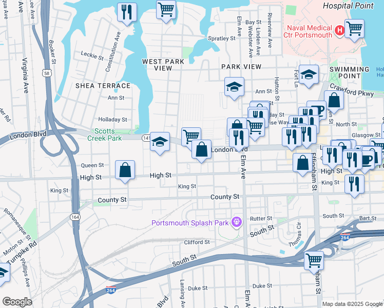 map of restaurants, bars, coffee shops, grocery stores, and more near 1503 London Boulevard in Portsmouth