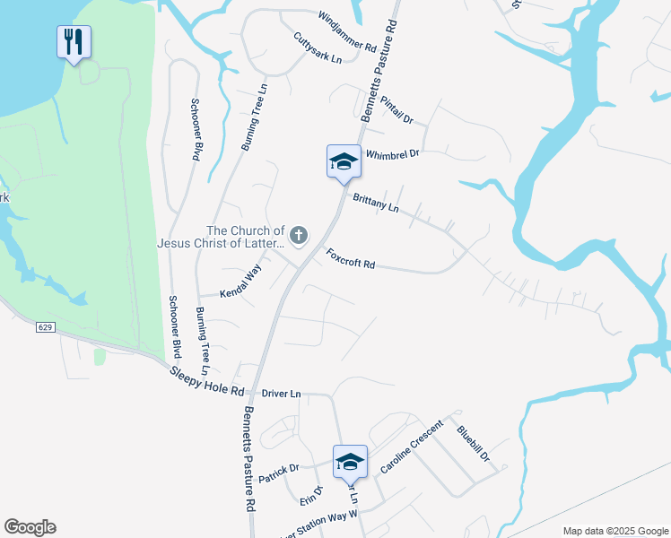 map of restaurants, bars, coffee shops, grocery stores, and more near 102 Foxcroft Road in Suffolk