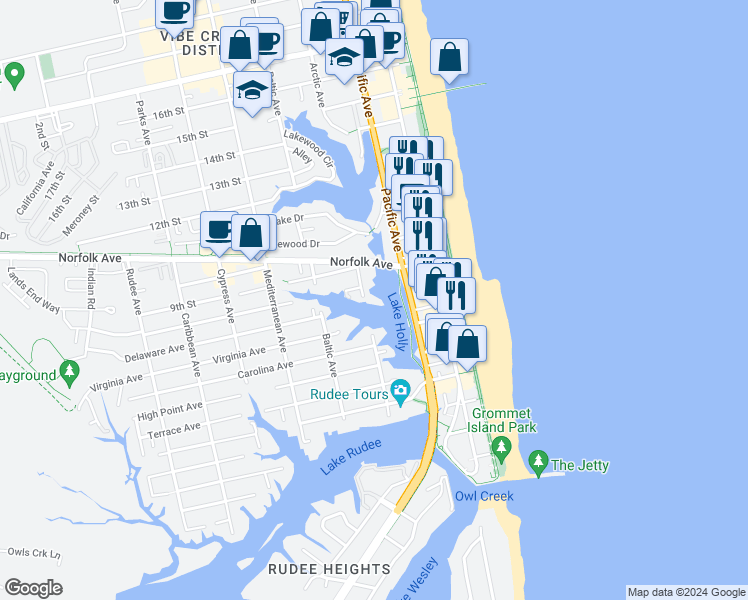 map of restaurants, bars, coffee shops, grocery stores, and more near 785 Arctic Avenue in Virginia Beach