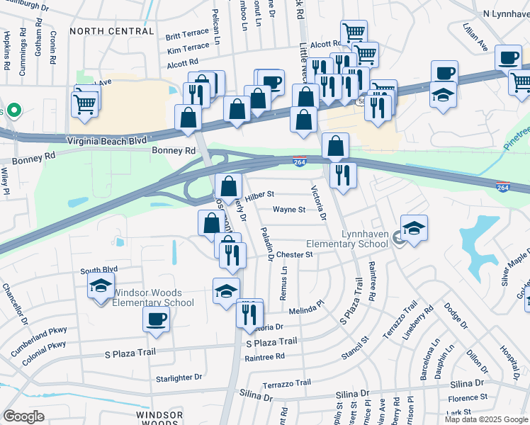 map of restaurants, bars, coffee shops, grocery stores, and more near 3553 Wayne Street in Virginia Beach