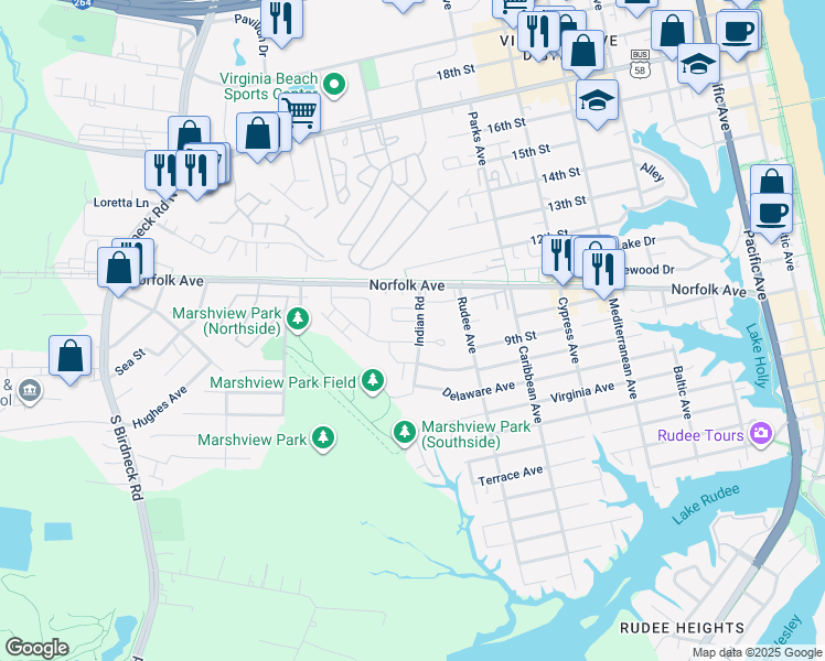 map of restaurants, bars, coffee shops, grocery stores, and more near 1114 Indian Road in Virginia Beach