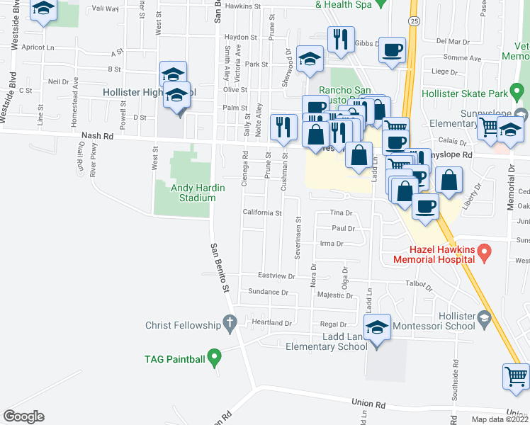map of restaurants, bars, coffee shops, grocery stores, and more near 49 California Street in Hollister