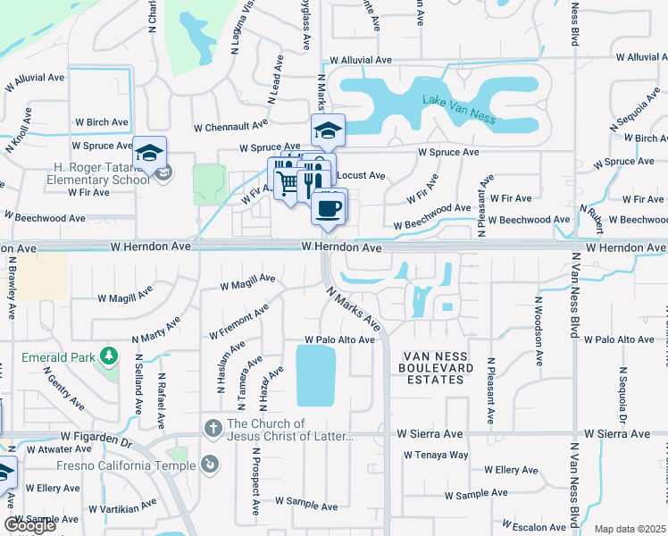 map of restaurants, bars, coffee shops, grocery stores, and more near in Fresno