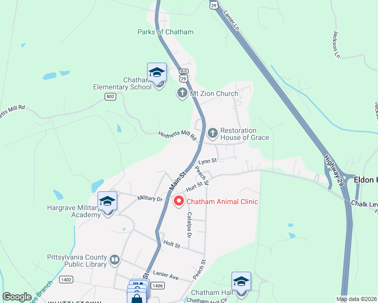 map of restaurants, bars, coffee shops, grocery stores, and more near 121 Hodnetts Mill Road in Chatham