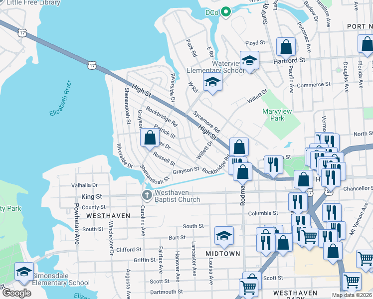 map of restaurants, bars, coffee shops, grocery stores, and more near 315 Rockbridge Road in Portsmouth