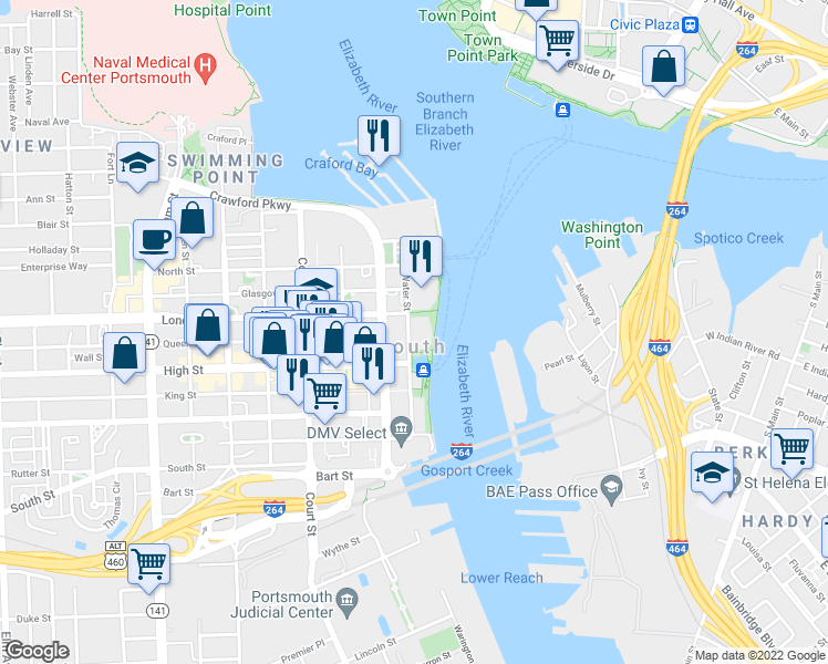 map of restaurants, bars, coffee shops, grocery stores, and more near 475 Water Street in Portsmouth