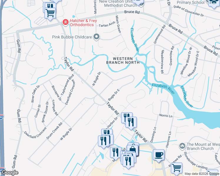 map of restaurants, bars, coffee shops, grocery stores, and more near 2305 Drum Creek Road in Chesapeake