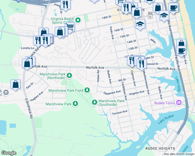 map of restaurants, bars, coffee shops, grocery stores, and more near 1152 Indian Road in Virginia Beach