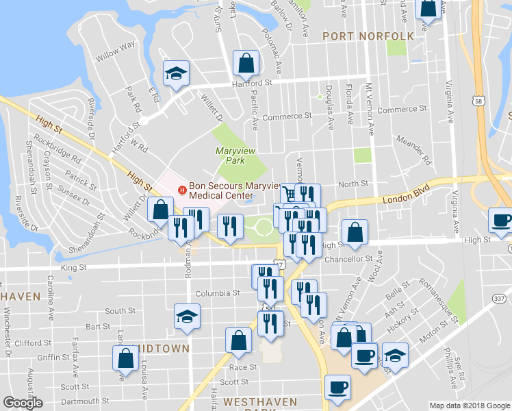 map of restaurants, bars, coffee shops, grocery stores, and more near Oakleaf Place in Portsmouth