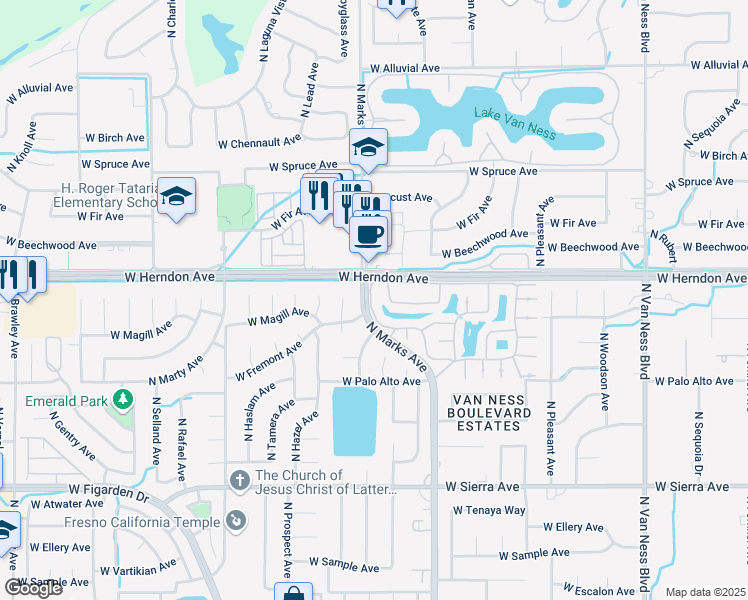 map of restaurants, bars, coffee shops, grocery stores, and more near in Fresno
