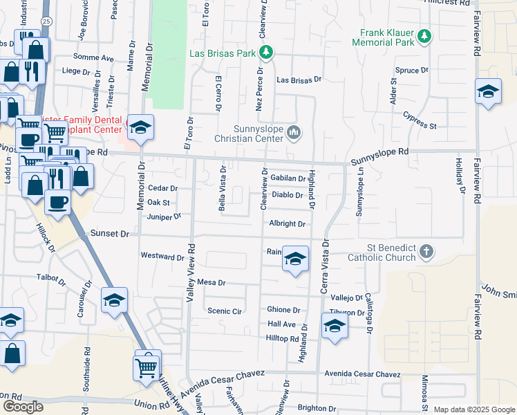 map of restaurants, bars, coffee shops, grocery stores, and more near 1600 Clearview Drive in Hollister