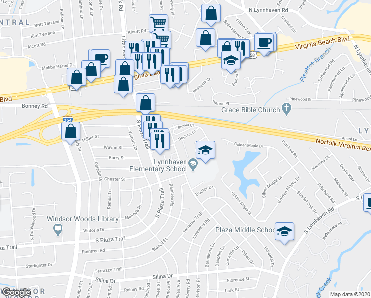 map of restaurants, bars, coffee shops, grocery stores, and more near 168 Coral Gables Court in Virginia Beach