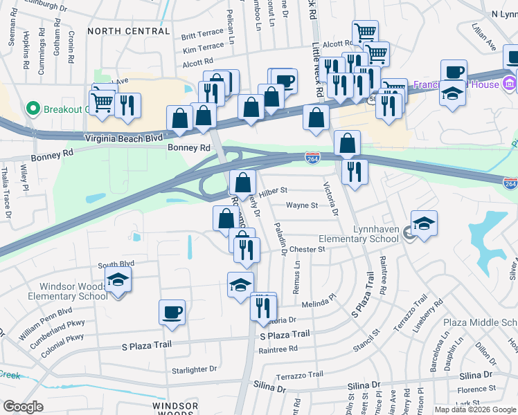map of restaurants, bars, coffee shops, grocery stores, and more near 3564 Hilber Street in Virginia Beach