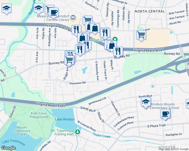 map of restaurants, bars, coffee shops, grocery stores, and more near 132 Runaway Bay Drive in Virginia Beach