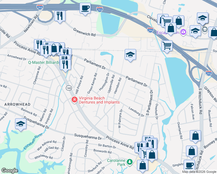 map of restaurants, bars, coffee shops, grocery stores, and more near 165 Upperville Road in Virginia Beach