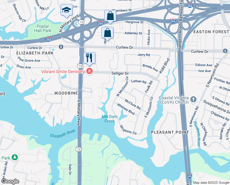 map of restaurants, bars, coffee shops, grocery stores, and more near 218 Pefley Drive in Norfolk