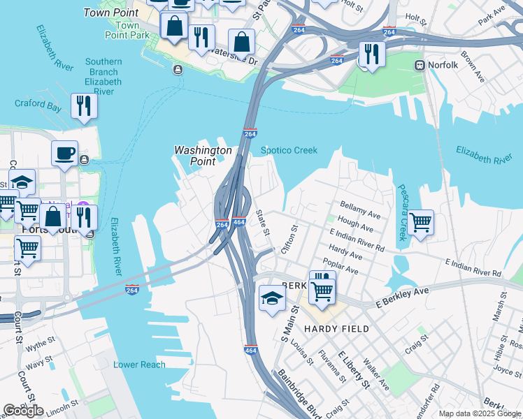 map of restaurants, bars, coffee shops, grocery stores, and more near 345 Emmett Place in Norfolk