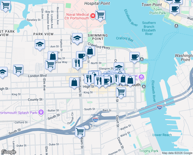 map of restaurants, bars, coffee shops, grocery stores, and more near 516 London Street in Portsmouth